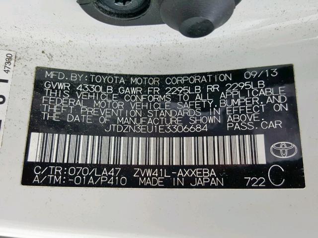 JTDZN3EU1E3306684 - 2014 TOYOTA PRIUS V WHITE photo 10