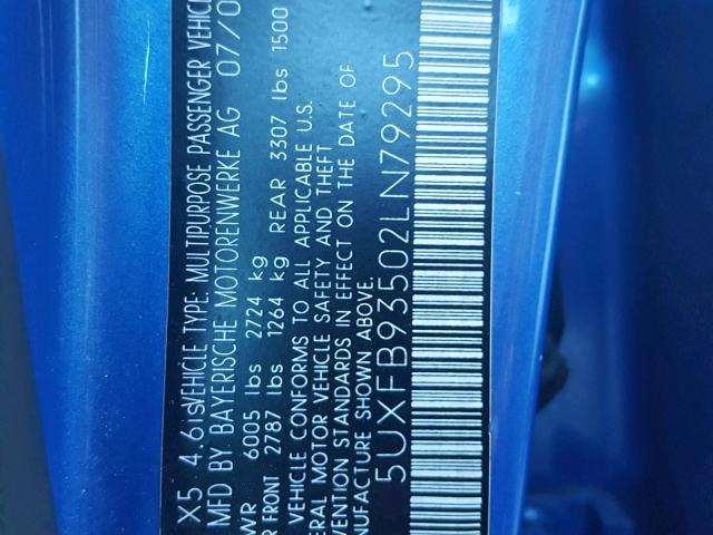 5UXFB93502LN79295 - 2002 BMW X5 4.6IS BLUE photo 10