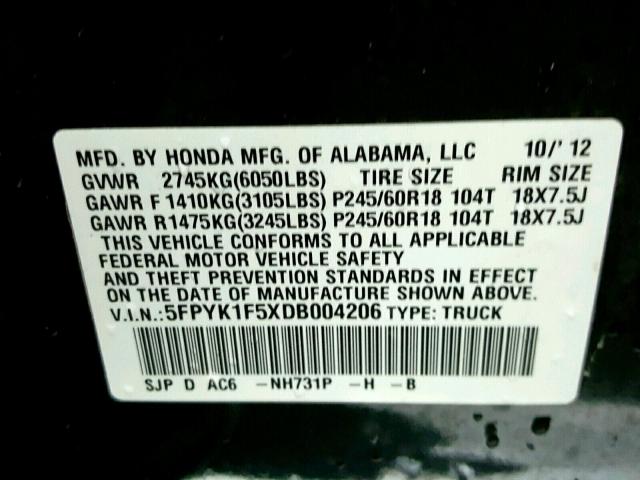 5FPYK1F5XDB004206 - 2013 HONDA RIDGELINE BLACK photo 10