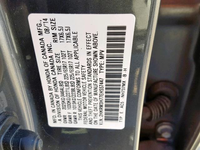 2HKRM3H77EH557447 - 2014 HONDA CR-V EXL GRAY photo 10