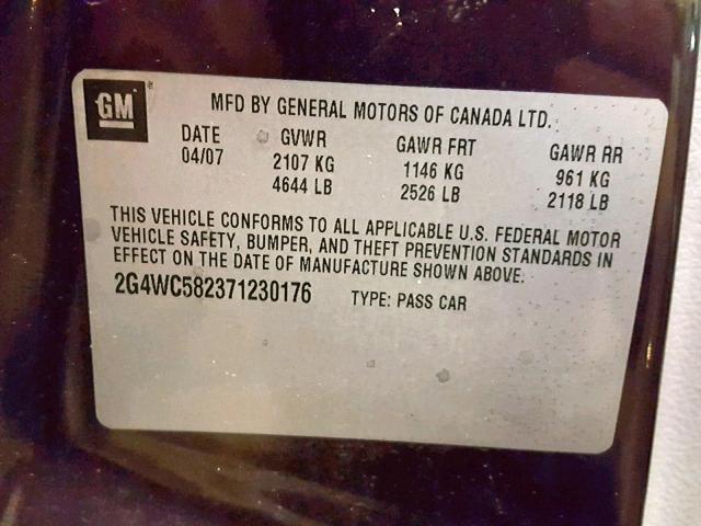 2G4WC582371230176 - 2007 BUICK LACROSSE C PURPLE photo 10