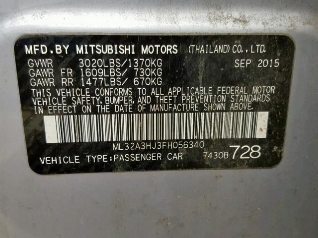 ML32A3HJ3FH056340 - 2015 MITSUBISHI MIRAGE DE SILVER photo 10