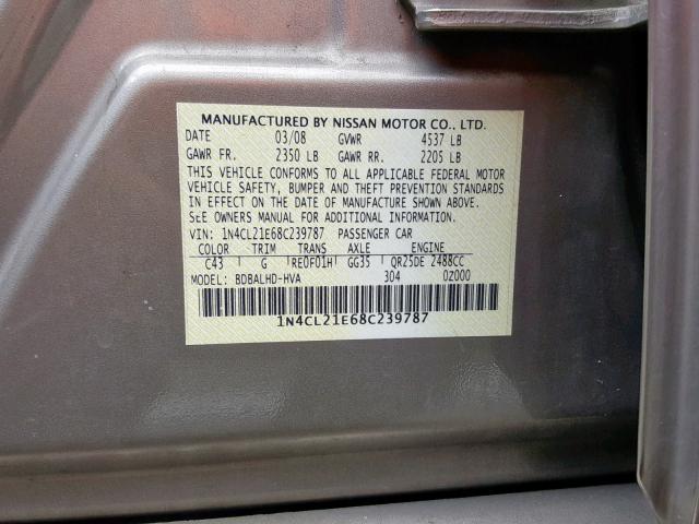 1N4CL21E68C239787 - 2008 NISSAN ALTIMA HYB BROWN photo 10