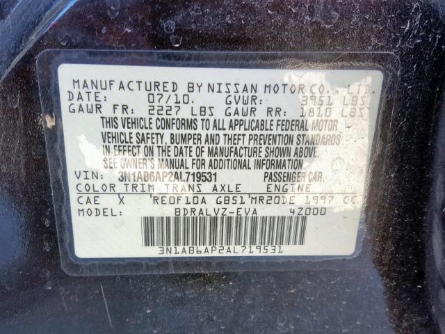 3N1AB6AP2AL719531 - 2010 NISSAN SENTRA 2.0 BLACK photo 10