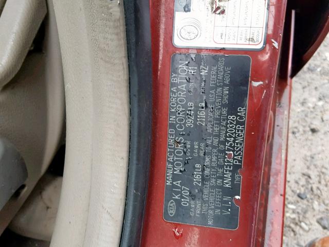 KNAFE121475420328 - 2007 KIA SPECTRA EX RED photo 10