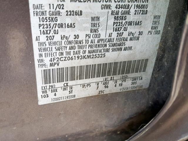 4F2CZ06193KM25325 - 2003 MAZDA TRIBUTE ES ვერცხლისფერი ფოტო 10