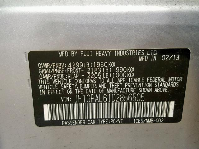 JF1GPAL61D2856505 - 2013 SUBARU IMPREZA SP SILVER photo 10