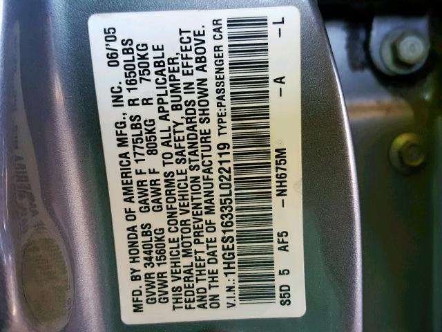 1HGES16335L022119 - 2005 HONDA CIVIC DX V GRAY photo 10