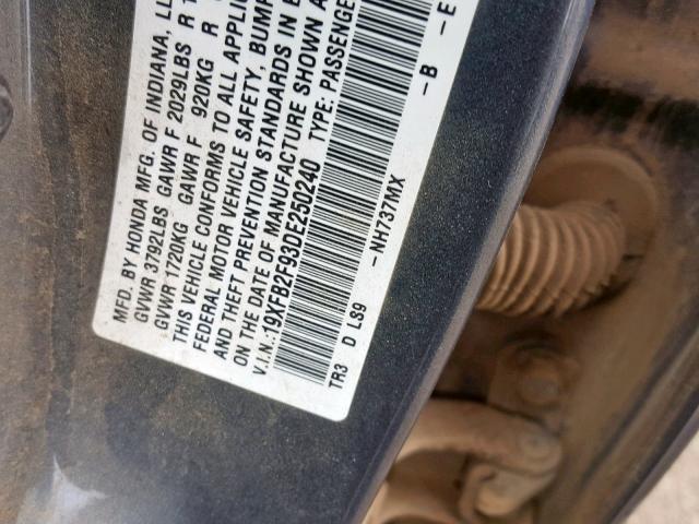 19XFB2F93DE250240 - 2013 HONDA CIVIC EXL GRAY photo 10