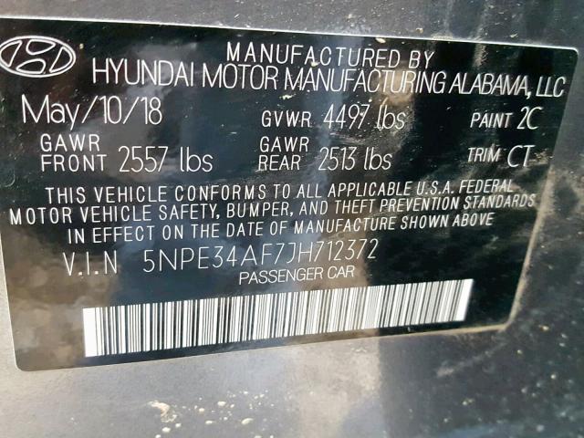 5NPE34AF7JH712372 - 2018 HYUNDAI SONATA SPO GRAY photo 10