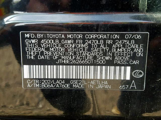 JTHBE262665011500 - 2006 LEXUS IS 350 BLACK photo 10