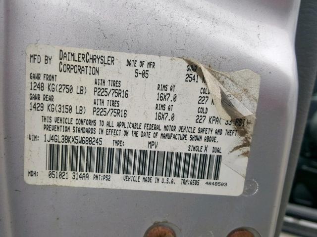 1J4GL38KX5W688245 - 2005 JEEP LIBERTY RE GRAY photo 10