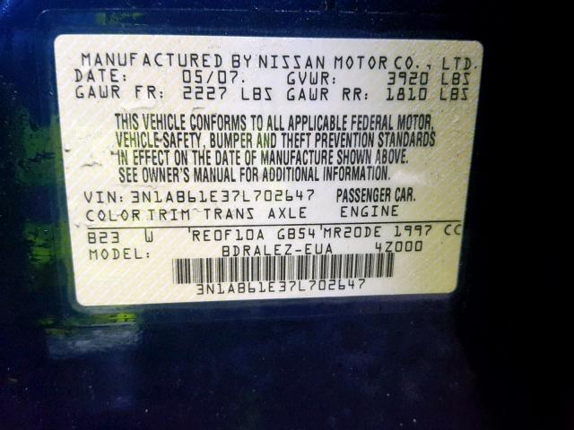 3N1AB61E37L702647 - 2007 NISSAN SENTRA 2.0 BLUE photo 10