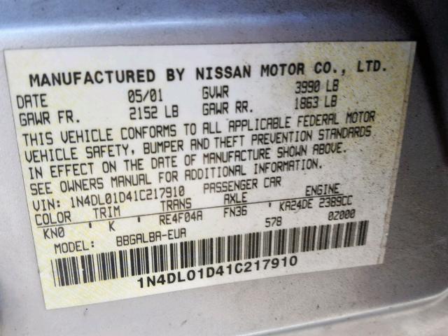 1N4DL01D41C217910 - 2001 NISSAN ALTIMA XE SILVER photo 10