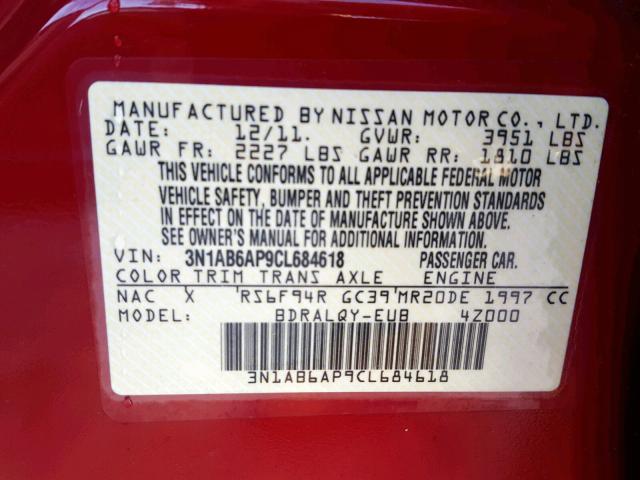 3N1AB6AP9CL684618 - 2012 NISSAN SENTRA 2.0 BURGUNDY photo 10