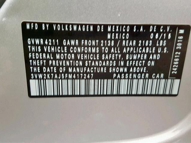 3VW2K7AJ5FM417247 - 2015 VOLKSWAGEN JETTA BASE Արծաթագույն լուսանկար 10