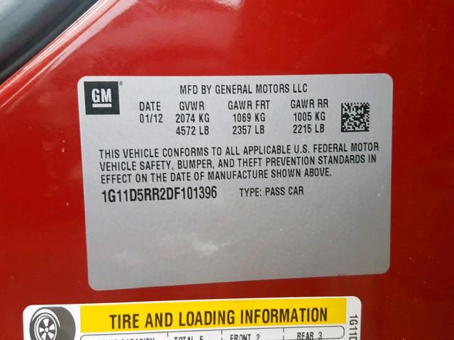 1G11D5RR2DF101396 - 2013 CHEVROLET MALIBU 1LT RED photo 10