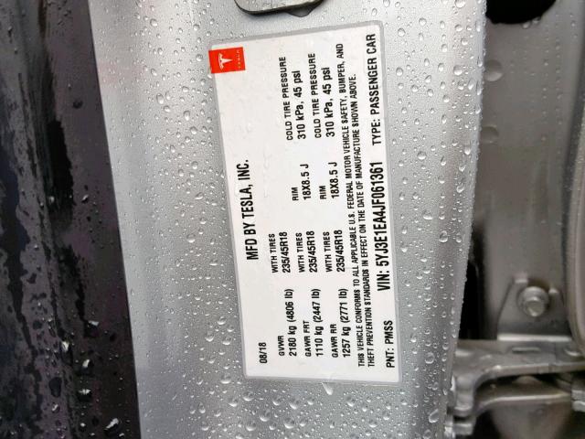 5YJ3E1EA4JF061361 - 2018 TESLA MODEL 3 SILVER photo 10