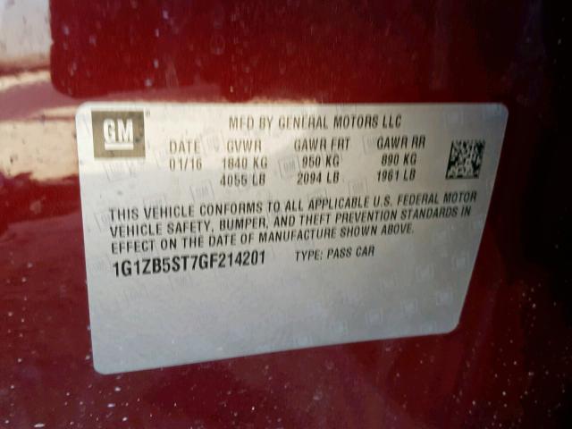 1G1ZB5ST7GF214201 - 2016 CHEVROLET MALIBU LS Bordo foto 10