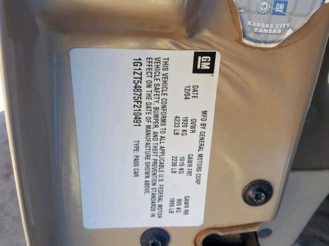 1G1ZT54875F210491 - 2005 CHEVROLET MALIBU LS ოქროსფერი ფოტო 10