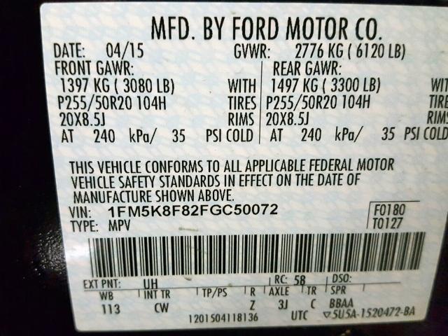 1FM5K8F82FGC50072 - 2015 FORD EXPLORER L BLACK photo 10