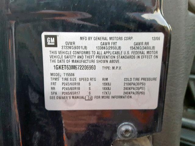 1GKET63M672206960 - 2007 GMC ENVOY DENA BLACK photo 10