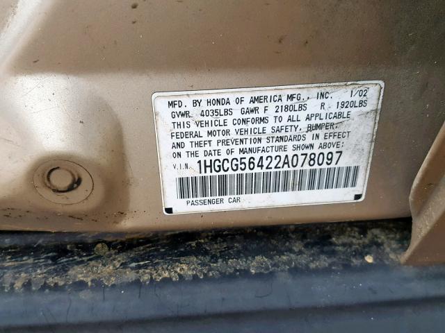 1HGCG56422A078097 - 2002 HONDA ACCORD LX GOLD photo 10