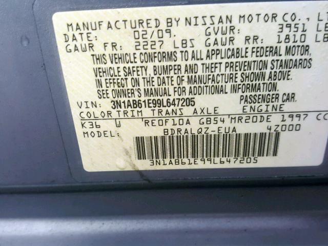 3N1AB61E99L647205 - 2009 NISSAN SENTRA 2.0 SILVER photo 10