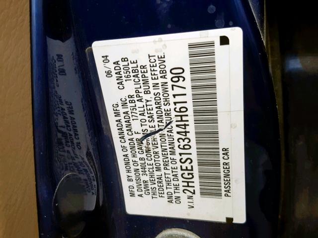 2HGES16344H611790 - 2004 HONDA CIVIC DX V BLUE photo 10