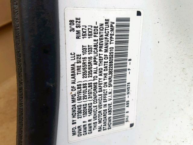 5FNRL38228B052510 - 2008 HONDA ODYSSEY LX WHITE photo 10