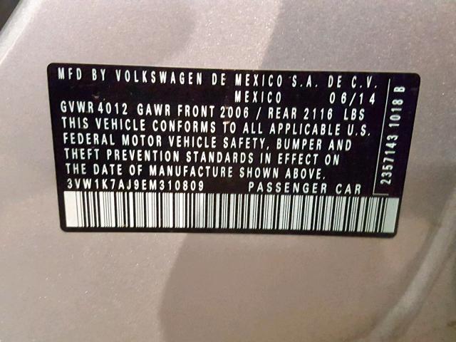 3VW1K7AJ9EM310809 - 2014 VOLKSWAGEN JETTA BASE SILVER photo 10