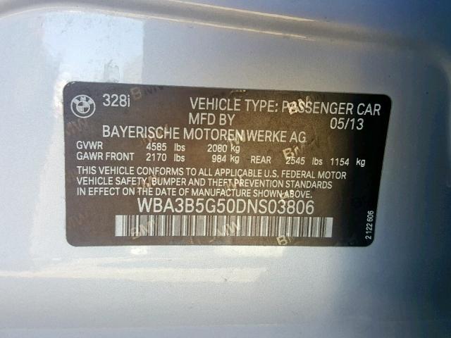 WBA3B5G50DNS03806 - 2013 BMW 328 XI SUL SILVER photo 10