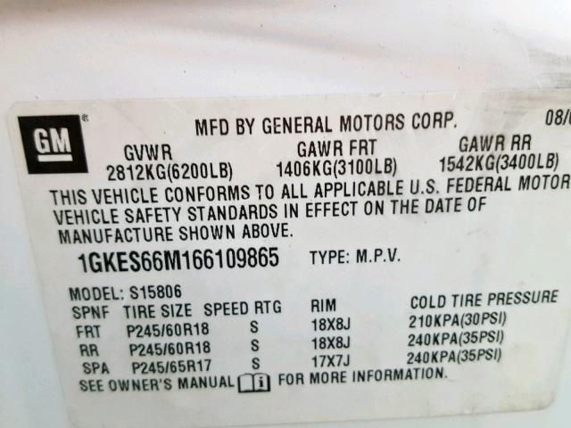 1GKES66M166109865 - 2006 GMC ENVOY DENA WHITE photo 10