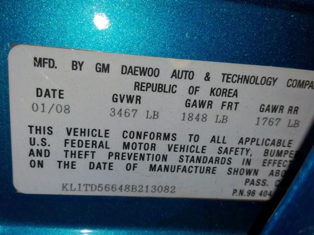 KL1TD56648B213082 - 2008 CHEVROLET AVEO BASE Turkuaz foto 10