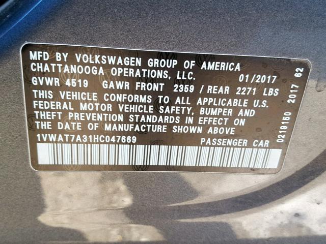 1VWAT7A31HC047669 - 2017 VOLKSWAGEN PASSAT S GRAY photo 10