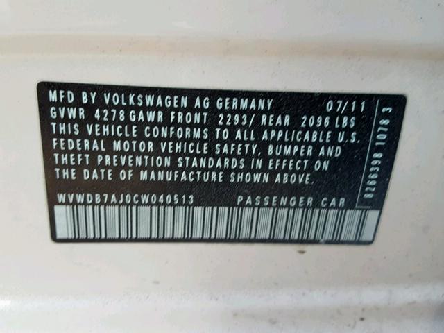 WVWDB7AJ0CW040513 - 2012 VOLKSWAGEN GOLF 白色 照片 10