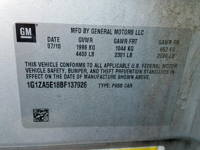 1G1ZA5E18BF137926 - 2011 CHEVROLET MALIBU LS Күміс фото 10