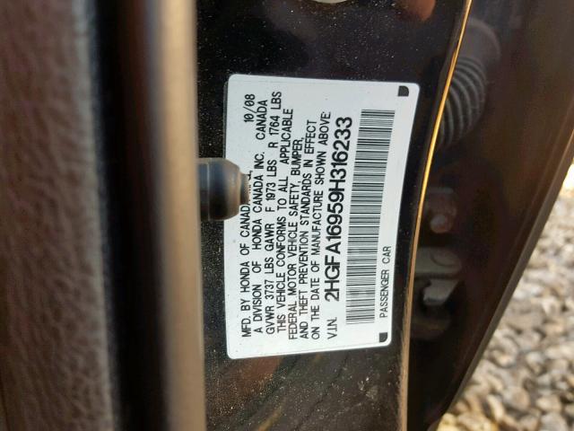 2HGFA16959H316233 - 2009 HONDA CIVIC EXL BLACK photo 10