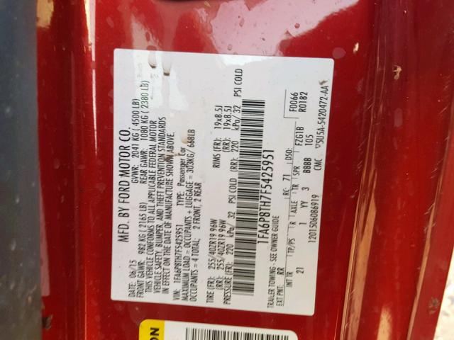 1FA6P8TH7F5425951 - 2015 FORD MUSTANG RED photo 10