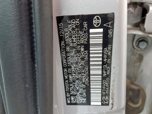 JTDKDTB34G1118434 - 2016 TOYOTA PRIUS C SILVER photo 10