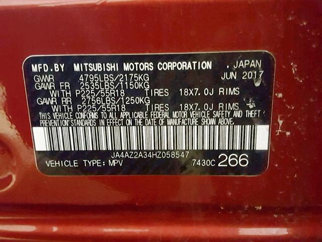 JA4AZ2A34HZ058547 - 2017 MITSUBISHI OUTLANDER MAROON photo 10