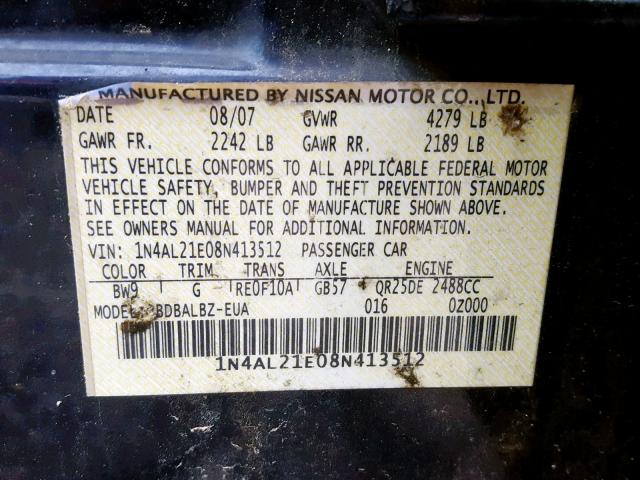 1N4AL21E08N413512 - 2008 NISSAN ALTIMA 2.5 BLUE photo 10