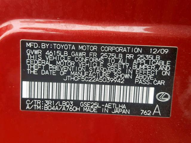 JTHCF5C22A5039942 - 2010 LEXUS IS 250 RED photo 10