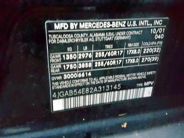 4JGAB54E82A313145 - 2002 MERCEDES-BENZ ML 320 BLACK photo 10