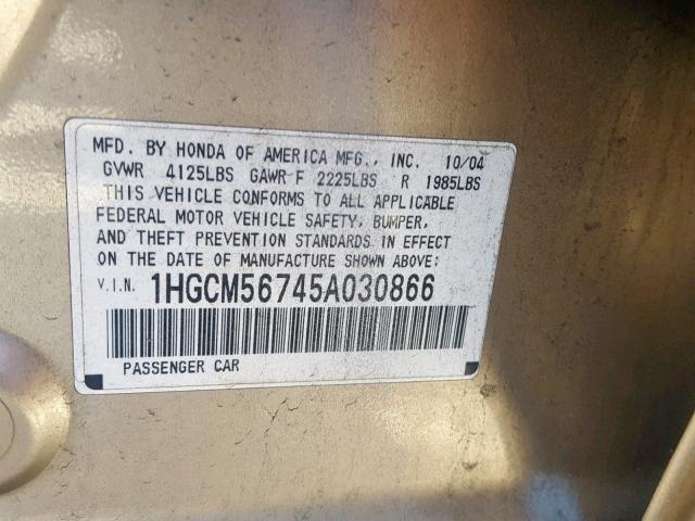 1HGCM56745A030866 - 2005 HONDA ACCORD EX GOLD photo 10