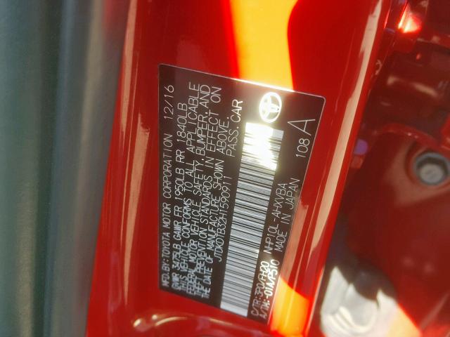 JTDKDTB32H1590911 - 2017 TOYOTA PRIUS C RED photo 10