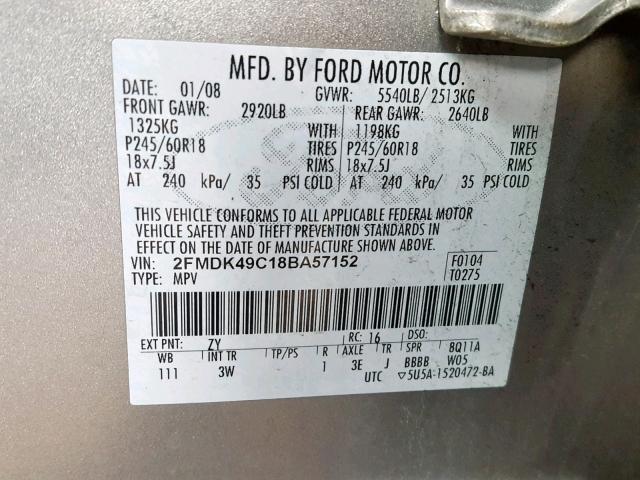 2FMDK49C18BA57152 - 2008 FORD EDGE LIMIT SILVER photo 10