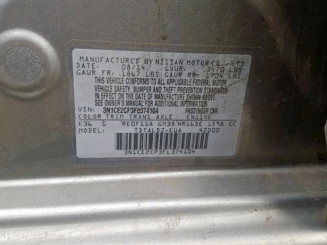 3N1CE2CP3FL374104 - 2015 NISSAN VERSA NOTE SILVER photo 10