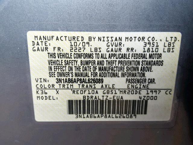 3N1AB6AP8AL626089 - 2010 NISSAN SENTRA 2.0 GRAY photo 10