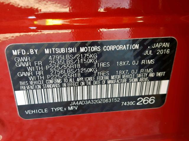 JA4AD3A32GZ063152 - 2016 MITSUBISHI OUTLANDER RED photo 10